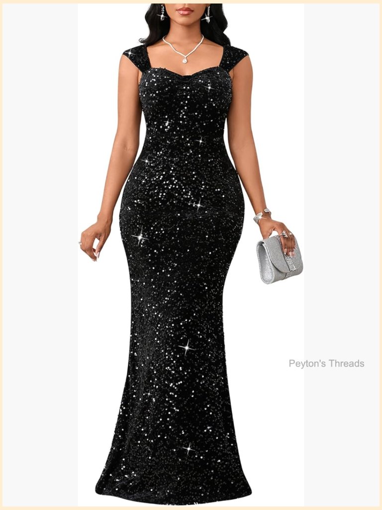Sequin Mermaid Maxi Evening Dress With Cap Sleeves Sweetheart Neck